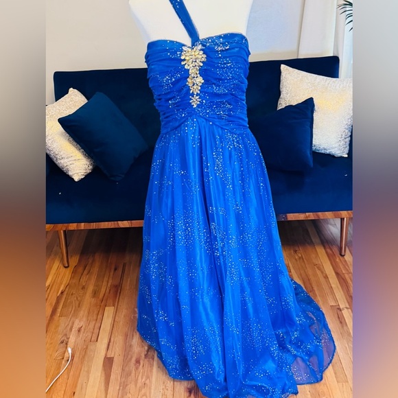 Single Strap Juniors Tool Sparkle Blue Prom Dress with Jewel Accents New without - Picture 7 of 13